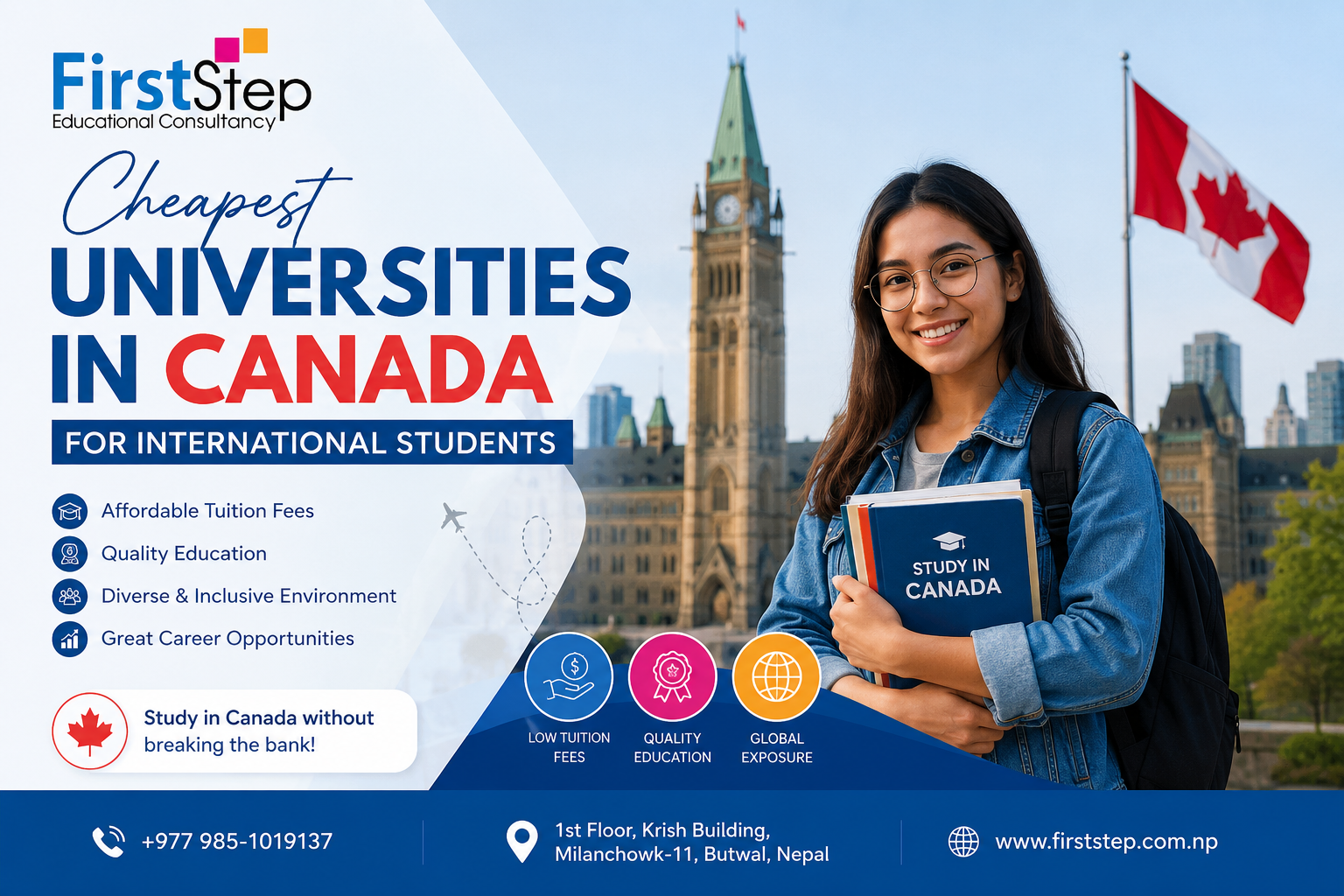 cheapest universities in Canada for international students - First Step Educational Consultancy Butwal